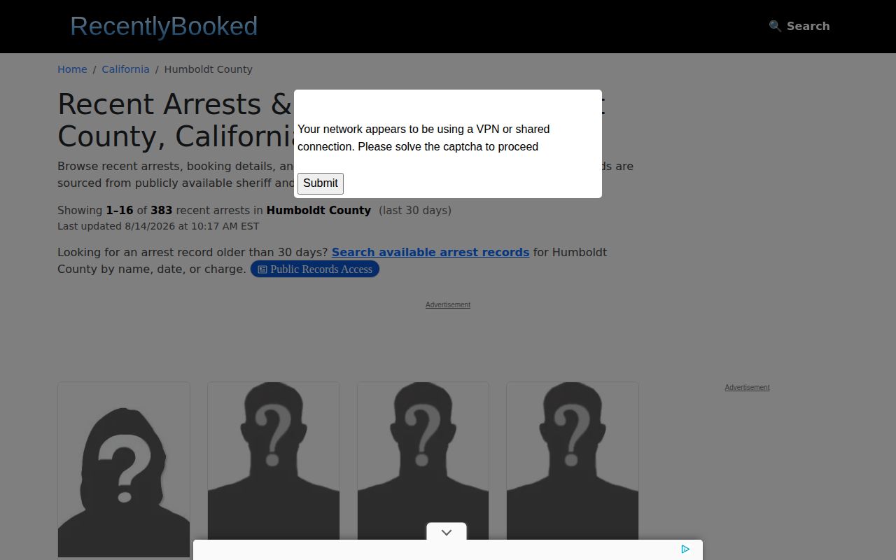 Unofficial Recently Booked Humboldt County arrest index