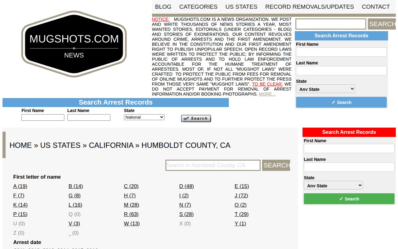 Unofficial Mugshots.com Humboldt County legacy arrest index