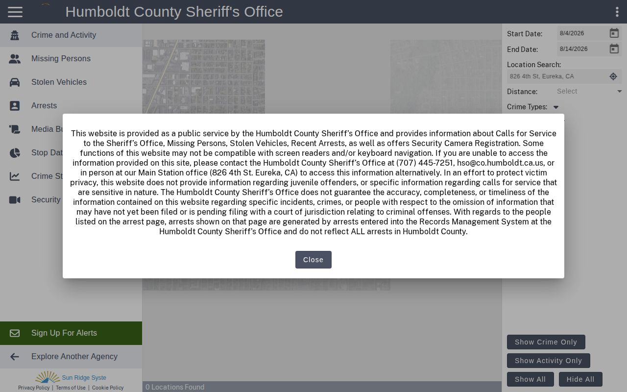 Humboldt County recent arrest and busted mugshot search interface