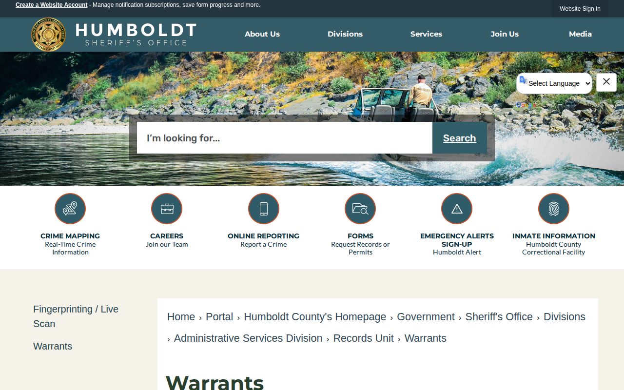Humboldt County adult warrant list page for most wanted information