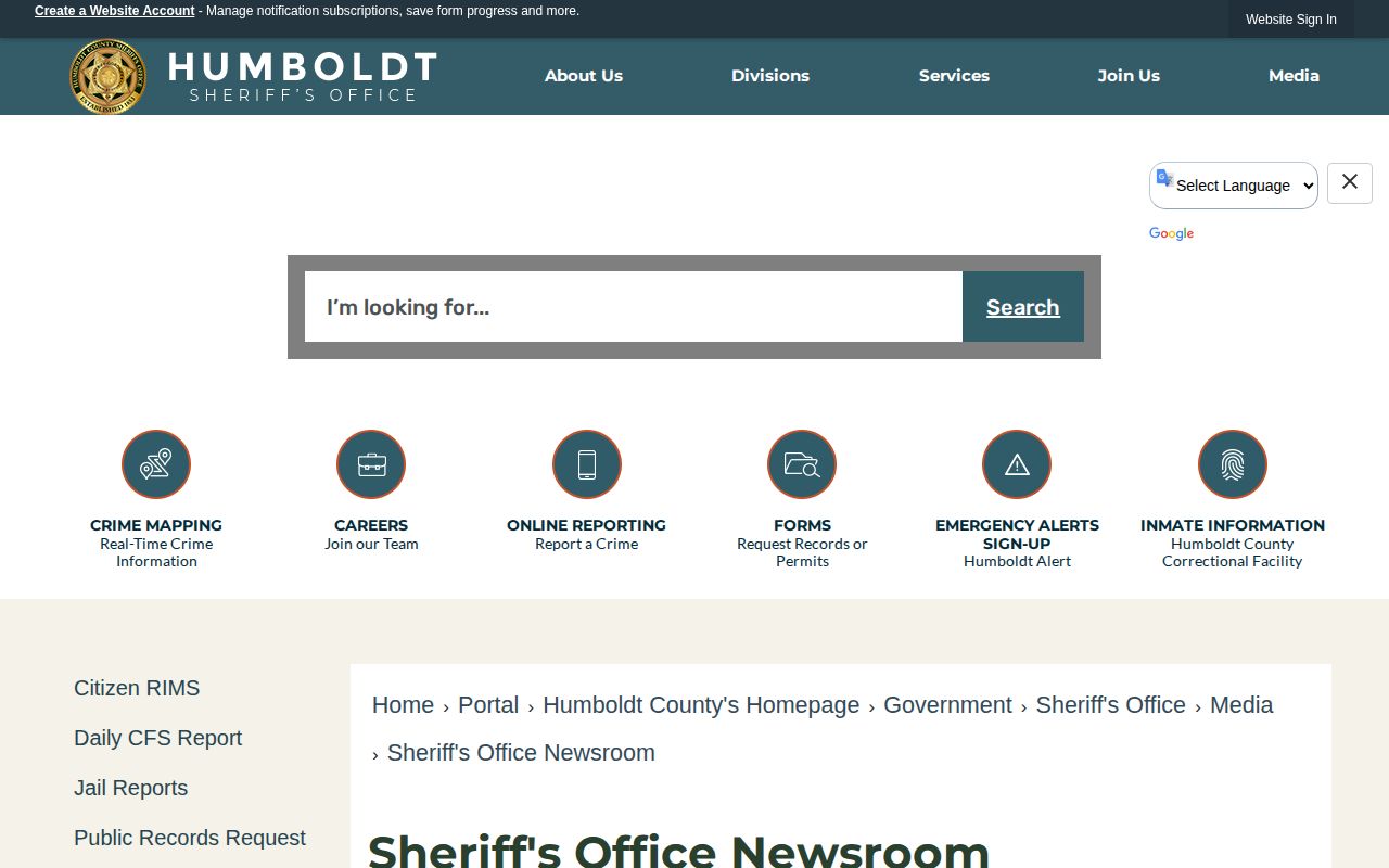 Humboldt County Sheriff's Office newsroom for selected wanted notices