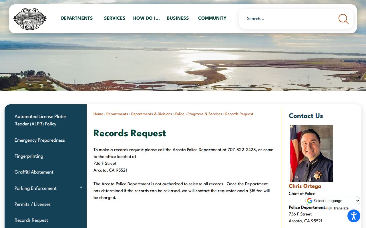 Arcata Police Department arrest records request page for Humboldt County bookings