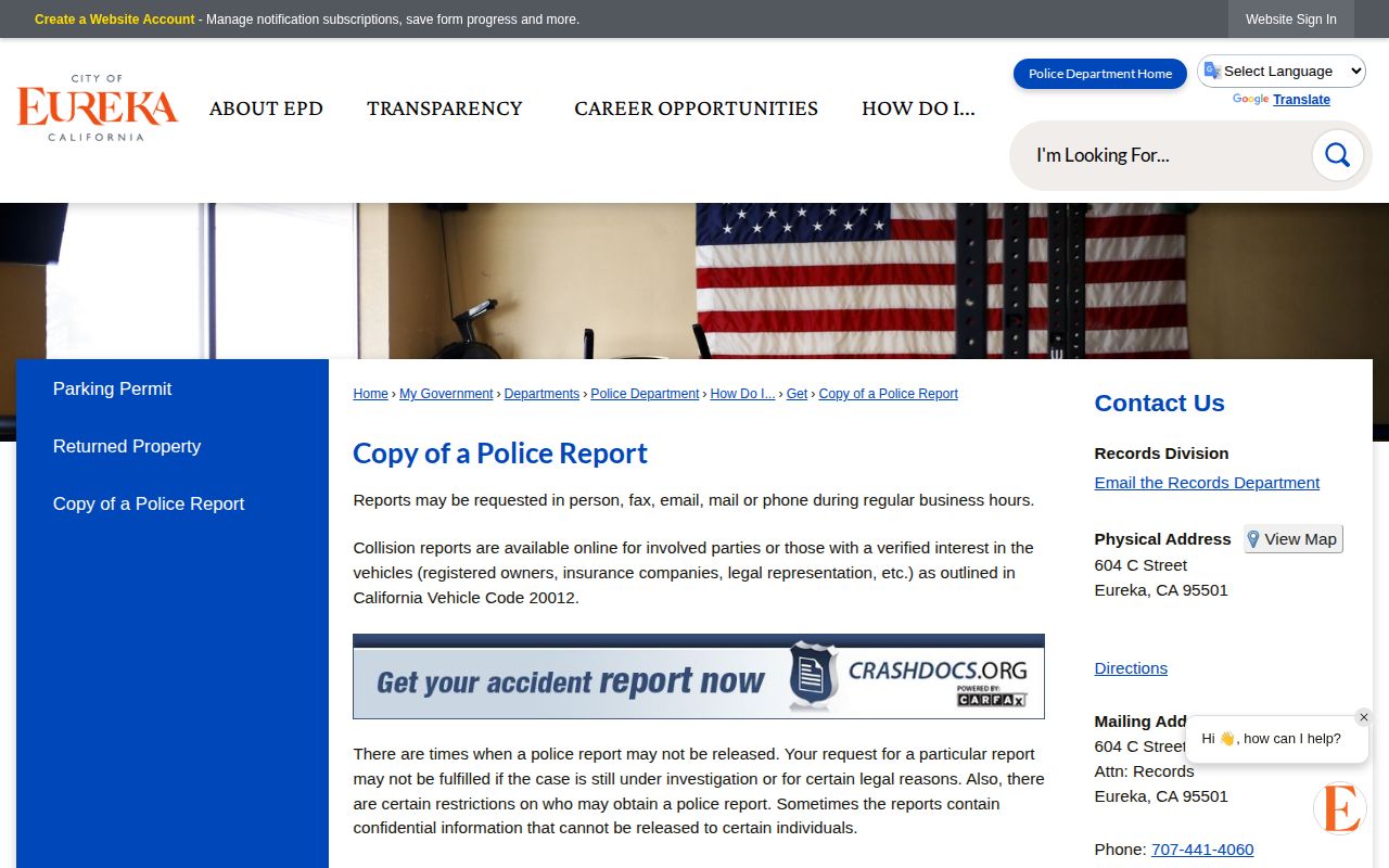 Eureka Police Department arrest report request page for Humboldt County records