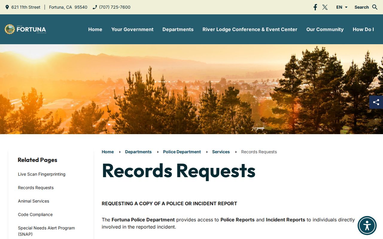 Fortuna Police Department arrest records request page for Humboldt County bookings